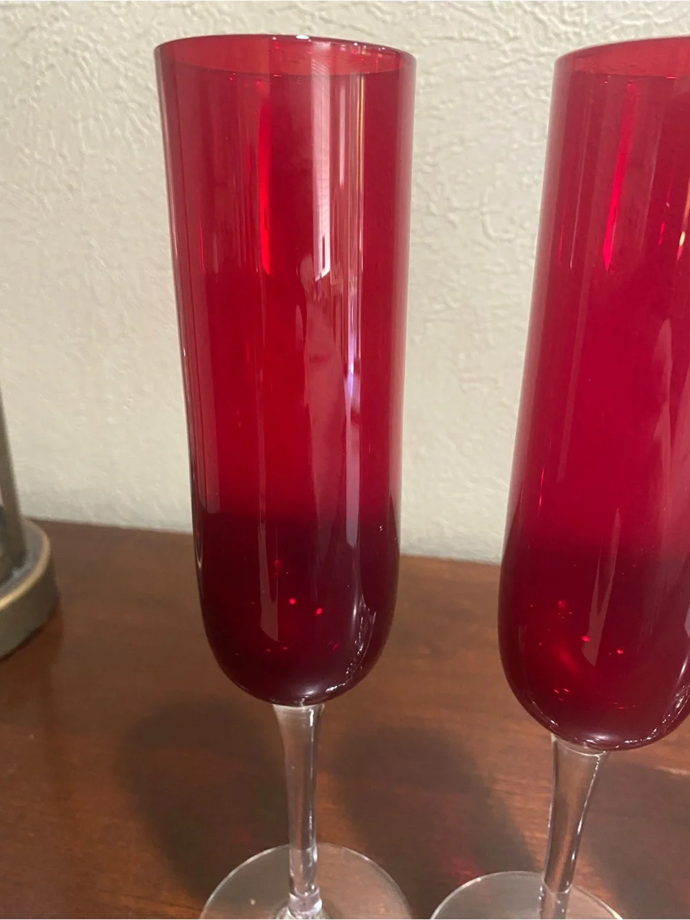 Set of 4, Pier 1, Ruby Red Champagne Flutes with Clear Crystal Stems